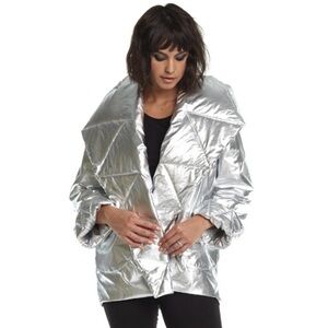 Planet by Lauren G Silver Metallic Puff Jacket Foil Oversized Open Front S/M Mod